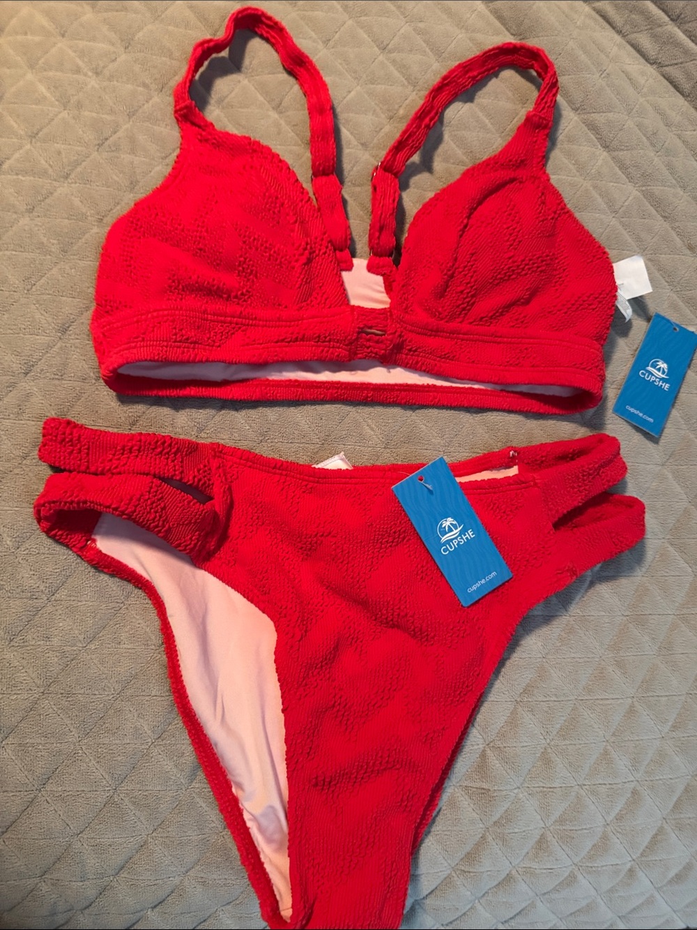 Cupshe Vibrant Red Textured Two-Piece Bikini Set *small top/ medium bottom